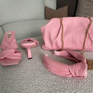 Three piece Set Pleated Pink Chain-Handle Shoulder Bag/ Shoes/Headband